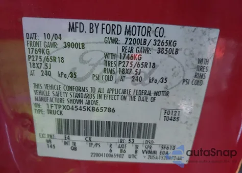 2005 Ford F-150 Fx4/Xlt из США, поврежденный, VIN 1FTPX04545KB65786